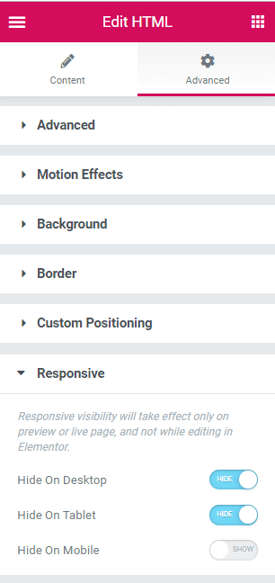 responsiveness settings in Elementor