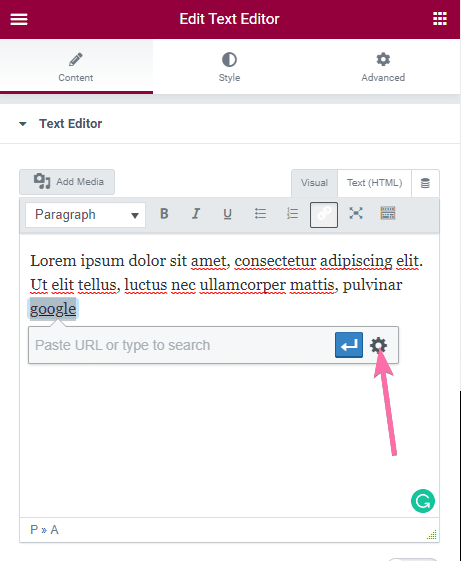 The setting icons when adding links to a text in elementor